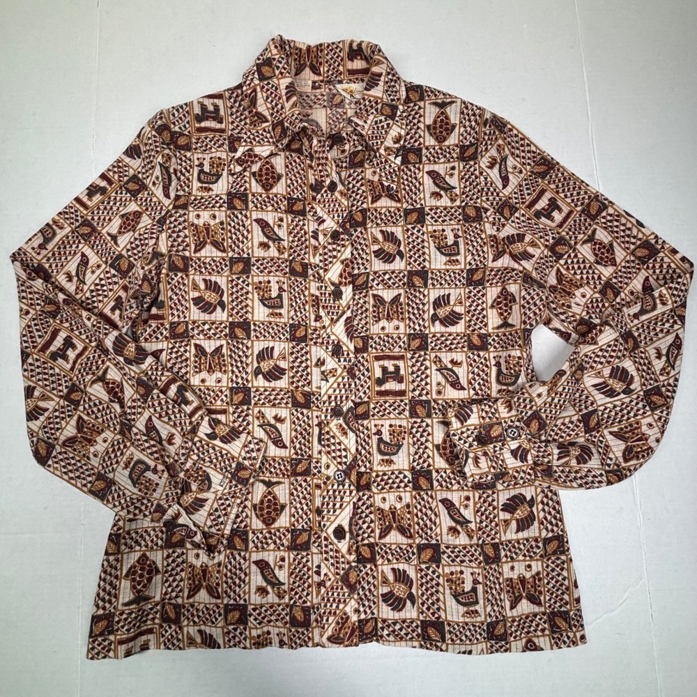 Vintage 70s Sakowitz‎ Button Up Shirt Womens Medium Brown Safari Long Sleeve EUC